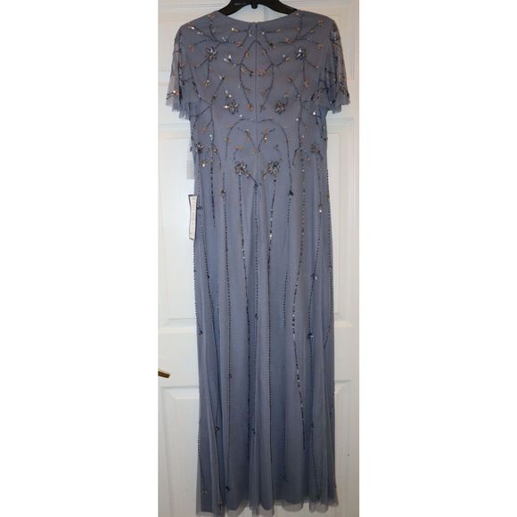 Papell Studio Women's Sz 10 Dusty Blue Flutter-Sleeve Embellished Long Gown $179 - Picture 2 of 11